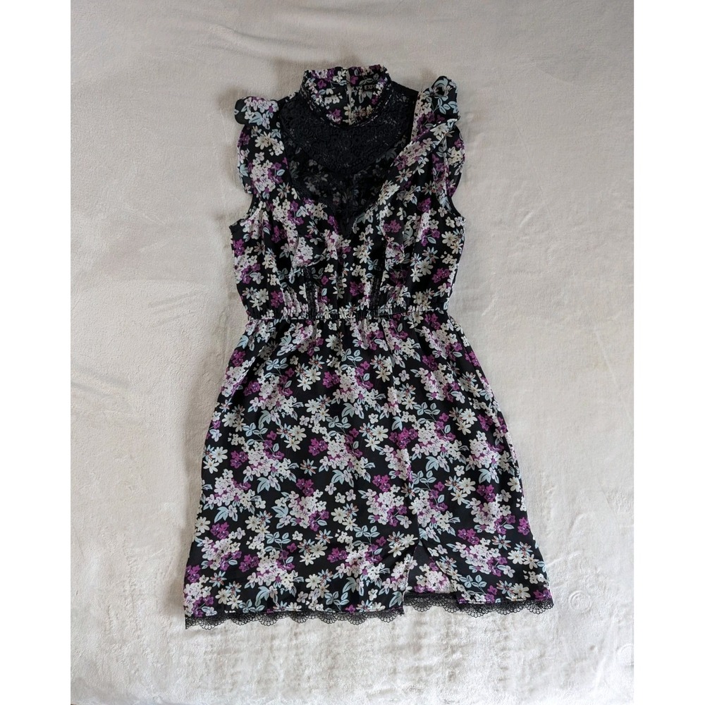 Express Floral Lace Mock Neck Ruffle Mini Dress Black Purple Sz M Cottagecore